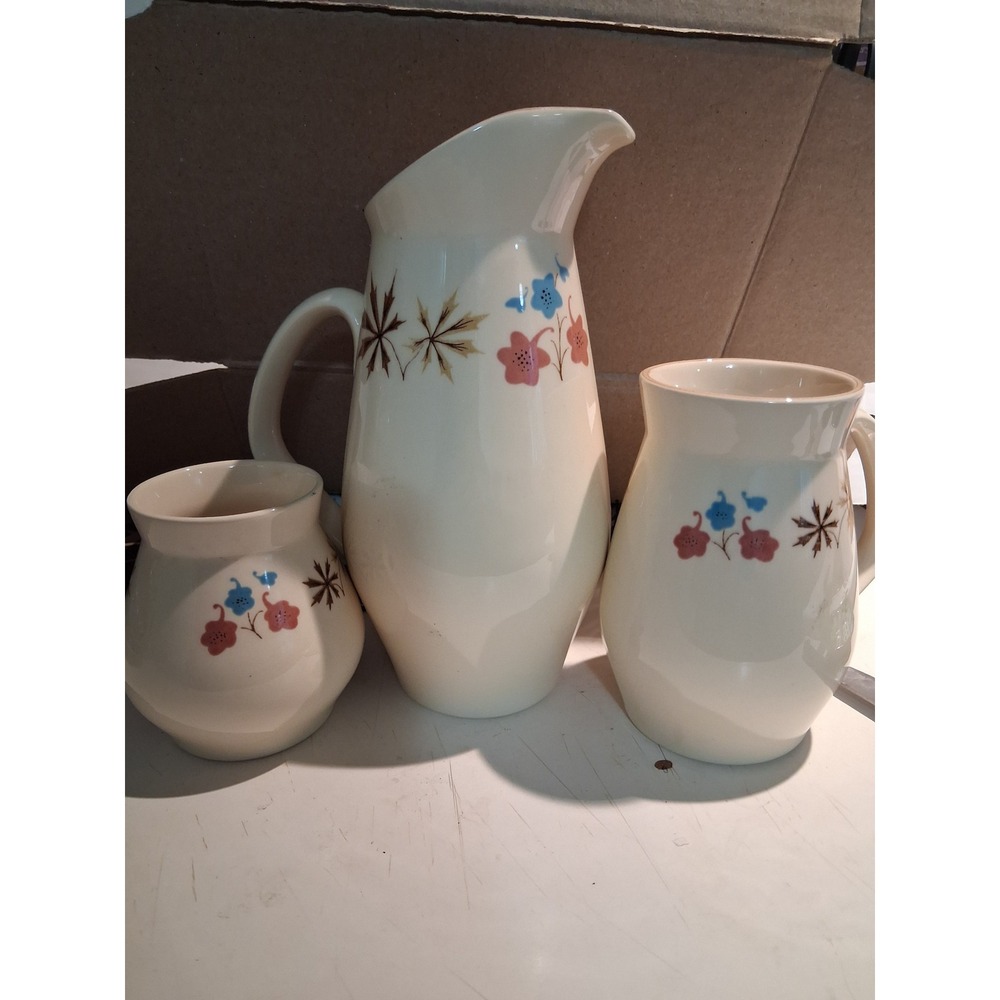 Franciscan Autumn Pitcher & 2 Mugs Set Vintage California Pottery Leaves Floral